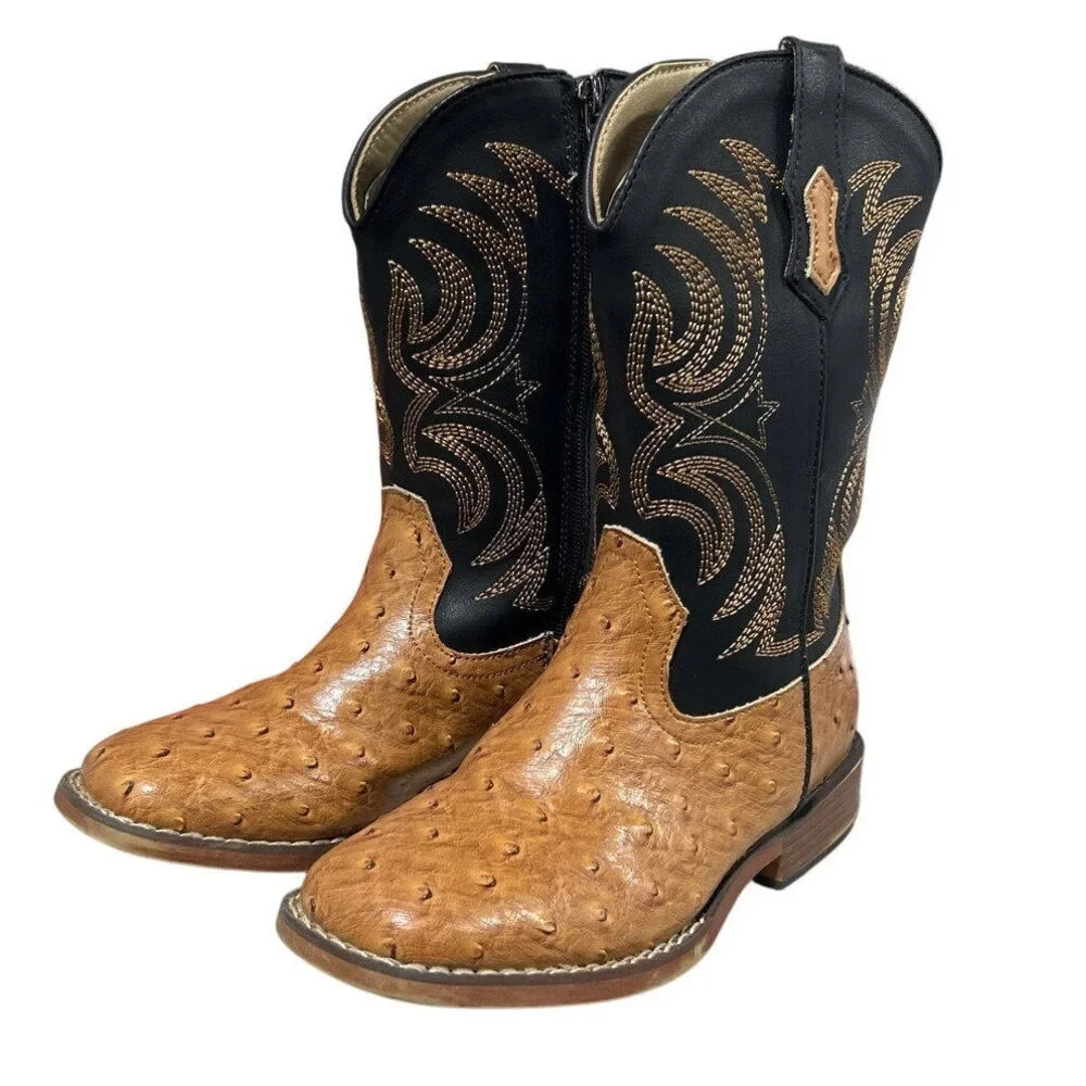 Rollda Boy Size 2 Black Tan Faux Leather Ostrich Square Toe Pull On Cowboy Boots